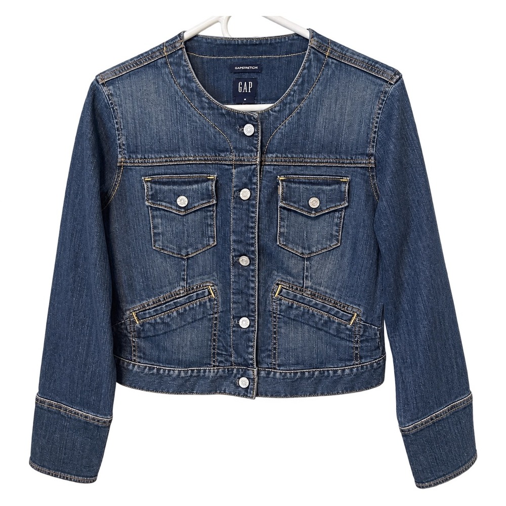 GAP Denim Jacket Womens S Blue Pre-owned Collarless Stretch Button Front Pocket